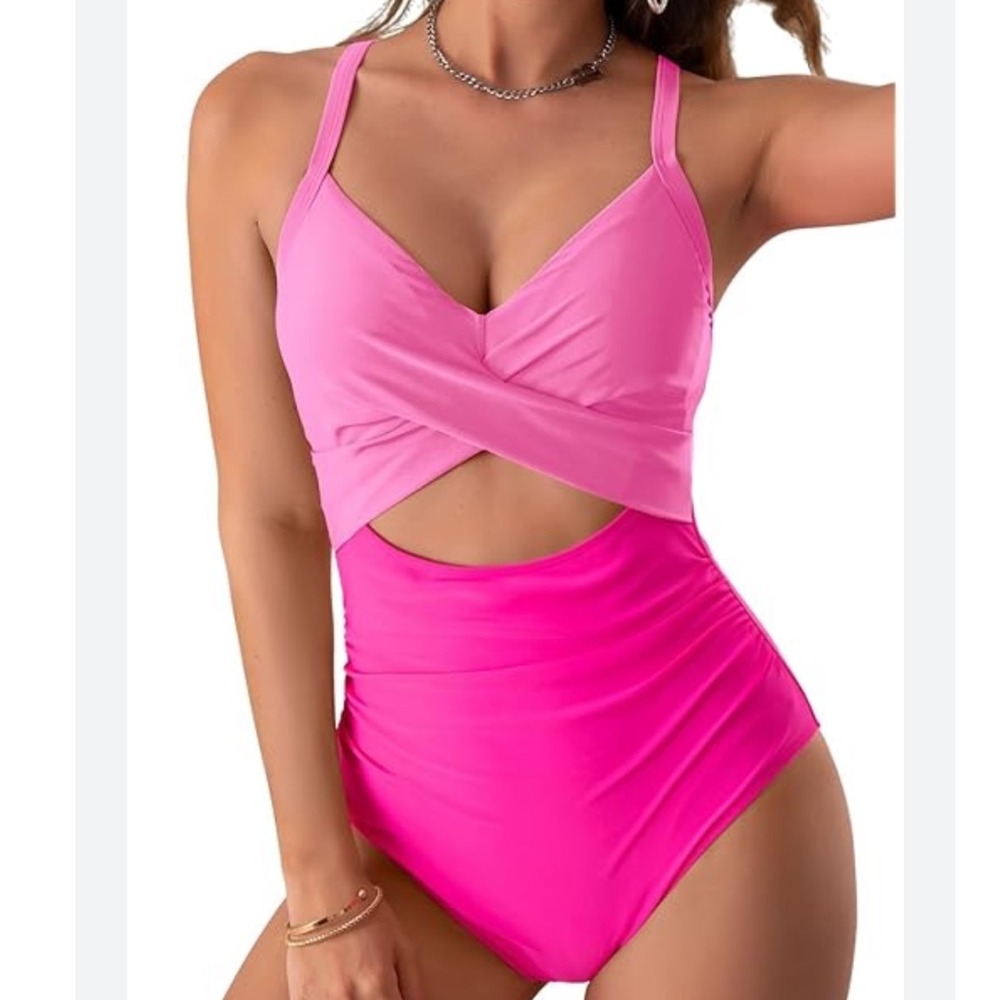 Eomenie Womens One Piece Swimsuit Tummy‎ Control Cutout High Waist Pink Two Tone